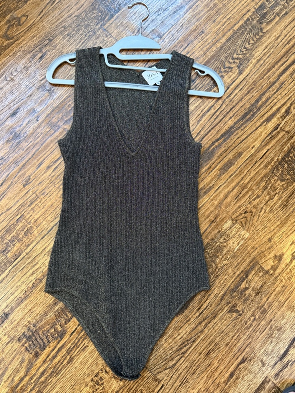 Misa Los Angeles Black metallic with gold Ribbed V-Neck Sleeveless Bodysuit